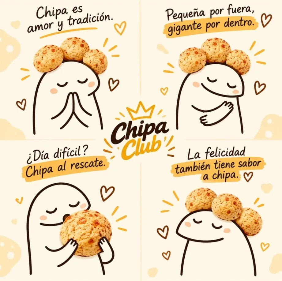 Ilustraciones de Chipa Club: chipa es amor y tradición, pequeña por fuera y gigante por dentro, chipa al rescate, la felicidad también tiene sabor a chipa